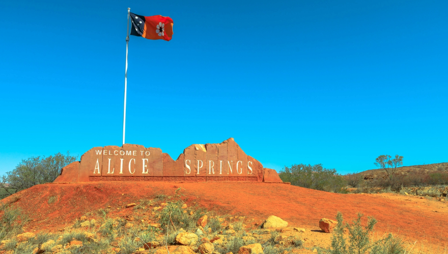 Alice Springs Welcome Sign and Australian Flag of Northern Territory in Central Australia