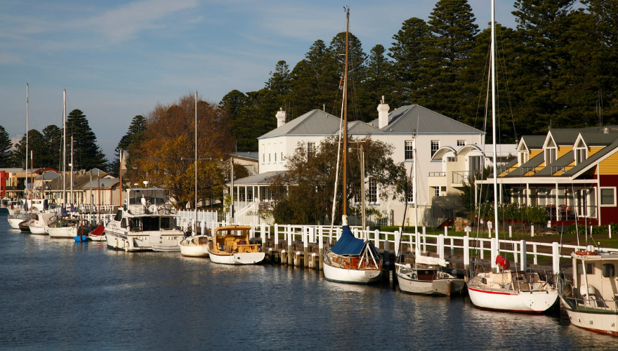 Old river town with moored boats, Port Fairy, South Australia
