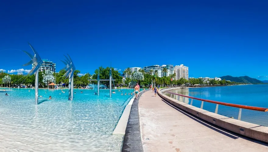The Esplanade in Cairns with swimming lagoon and the ocean, Queensland, Australia