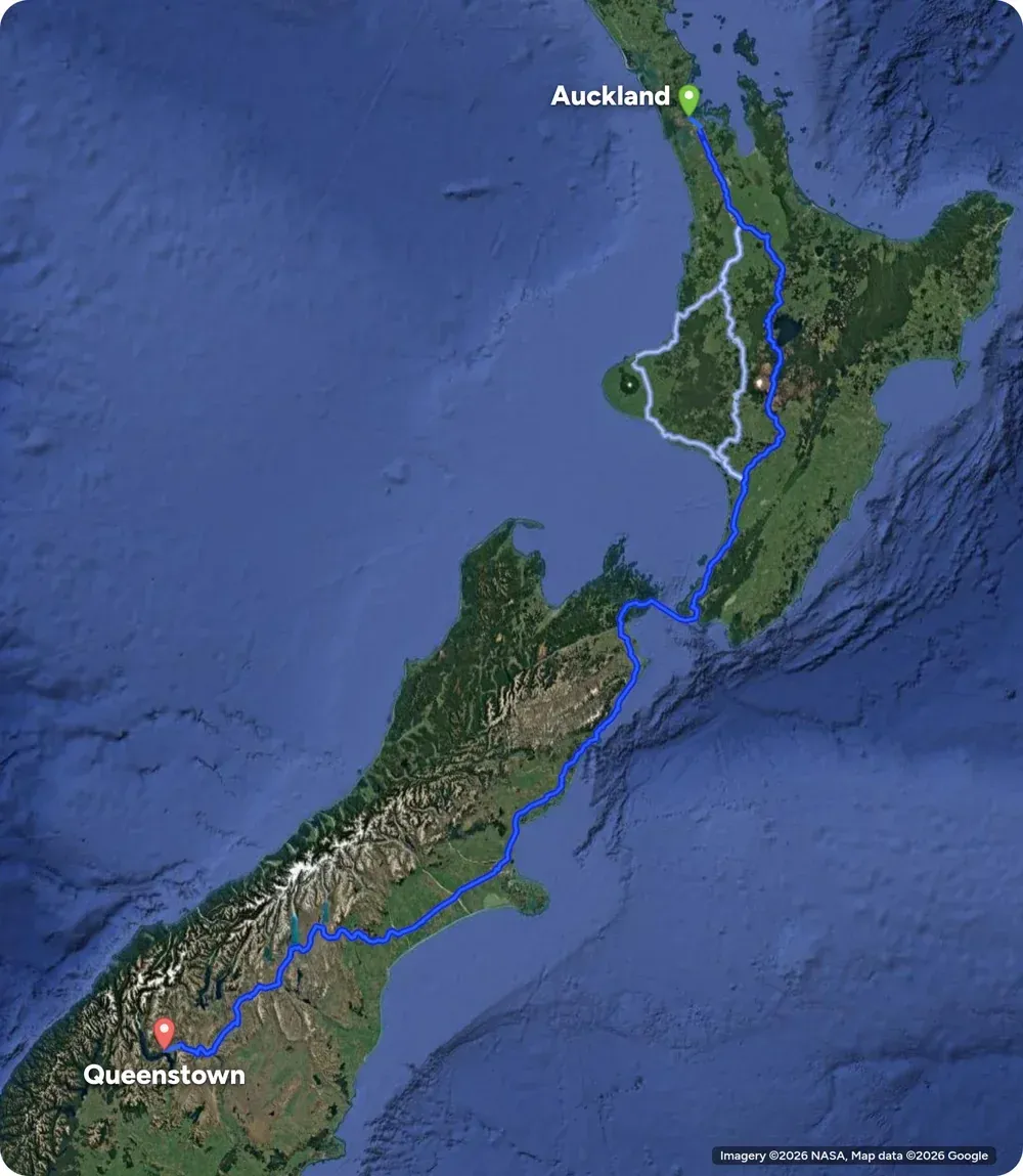 Satellite map of the Auckland to Queenstown drive: State Highway 1 through the central North Island to Wellington, the Cook Strait ferry to Picton, then down the east coast to Christchurch and inland via Lake Tekapo to Queenstown, with two lighter alternative routes through the western North Island