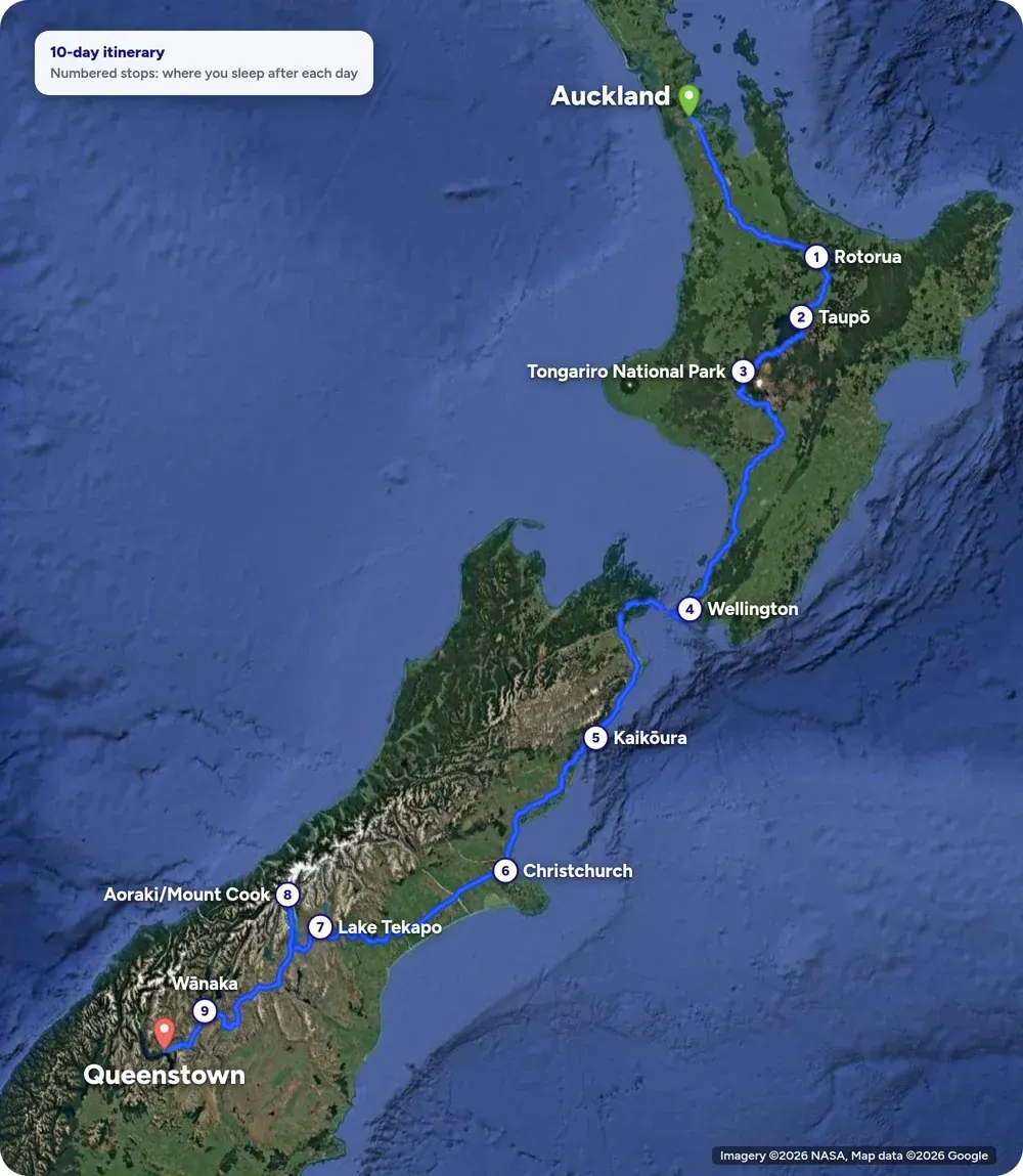 Map of a 10-day Auckland to Queenstown campervan itinerary with numbered overnight stops at Rotorua, Taupō, Tongariro National Park, Wellington, Kaikōura, Christchurch, Lake Tekapo, Aoraki/Mount Cook and Wānaka
