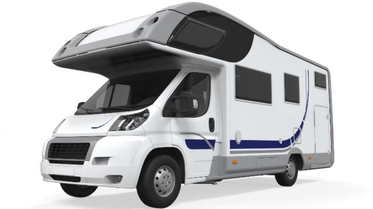 A white coachbuilt motorhome with an over-cab bed, photographed against a white background