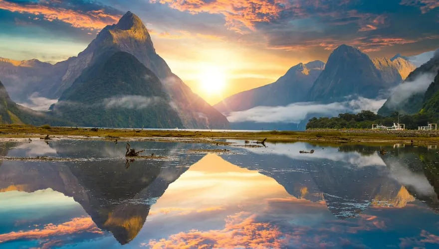 Famous Mitre Peak rising from the Milford Sound fiord. Fiordland national park, New Zealand