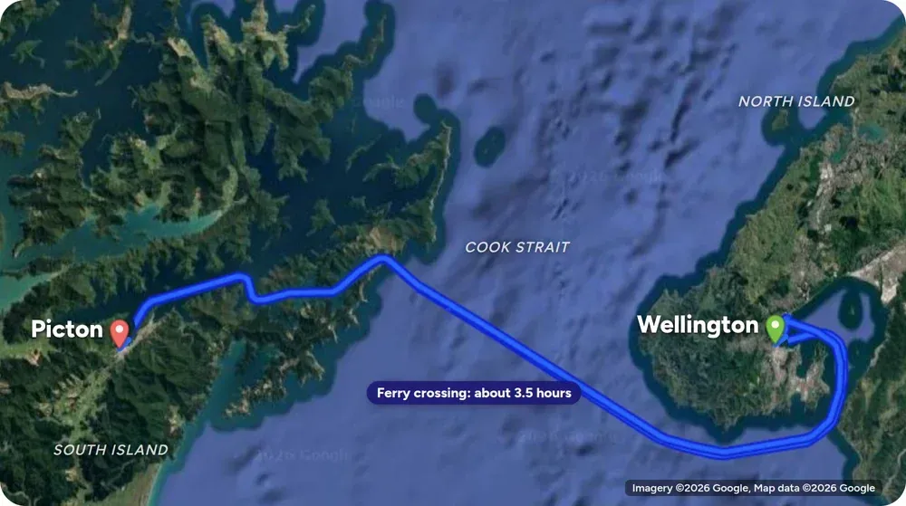 Satellite map of the Cook Strait ferry crossing from Wellington Harbour across the strait and through Tory Channel and Queen Charlotte Sound to Picton