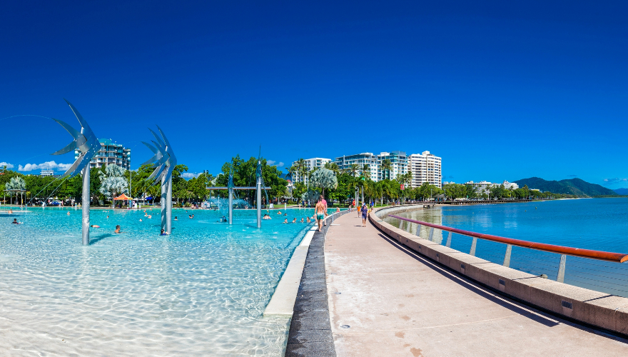 The Esplanade in Cairns with swimming lagoon and the ocean, Queensland, Australia