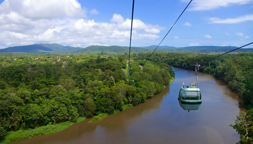 High-angle view of the gondola leading through the rainforest in Kuranda, Australia