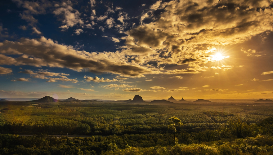 Glass House Mountains at sunset visible from Wild Horse Mountain Lookout