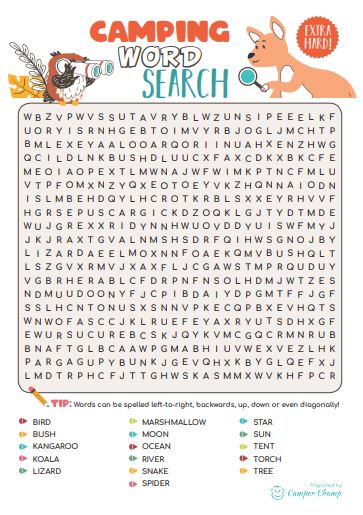 Camping Printable - Camping Word Search game